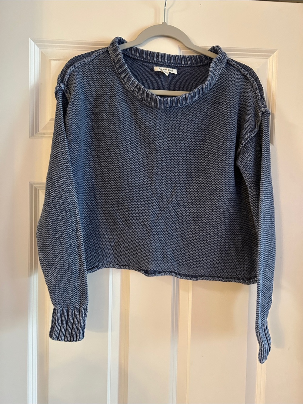 American Eagle Faded Denim-Blue Crewneck Cotton Sweater XS